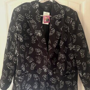 Dressed in LALA Black Blazer with White Abstract Line Art